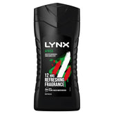 A 225ml black bottle of Lynx - Africa Shower Gel with green, red, and white accents, highlighting its invigorating fragrance and plant-based moisturizers—an essential daily men's shower gel for freshness.